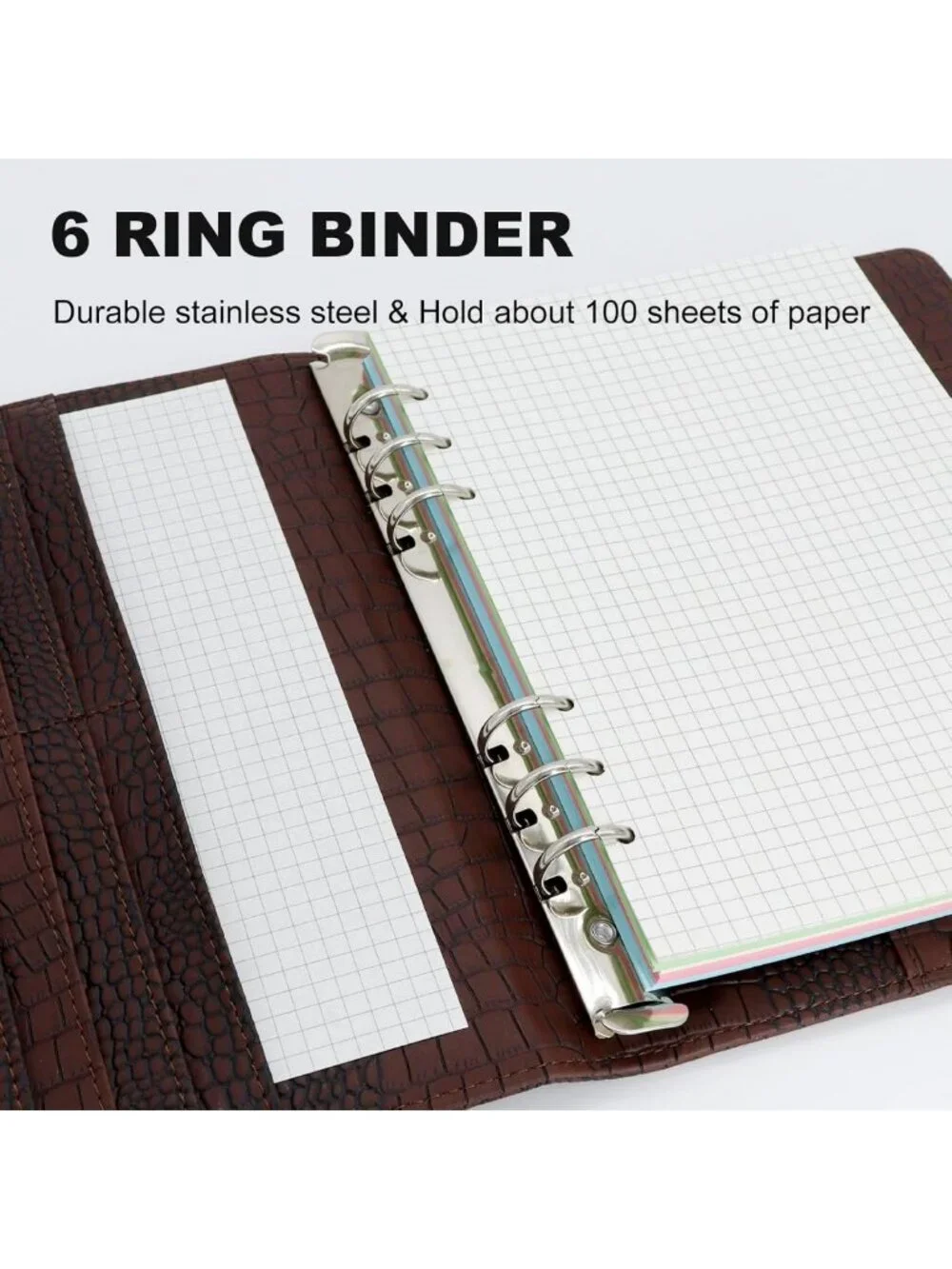 Crocodile-Embossed Refillable 6 Ring Binder Cover, Magnetic Closure, Premium PU